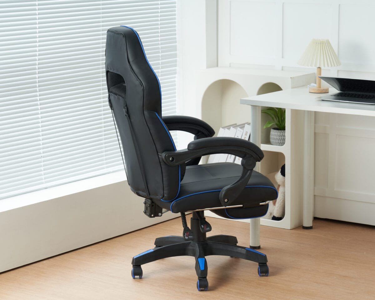 ⁦כיסא גיימינג כולל כרית עיסוי חשמלית והדום נפתח לרגליים Tesla דגם 7006 צבע שחור שילוב כחול⁩ – תמונה ⁦6⁩
