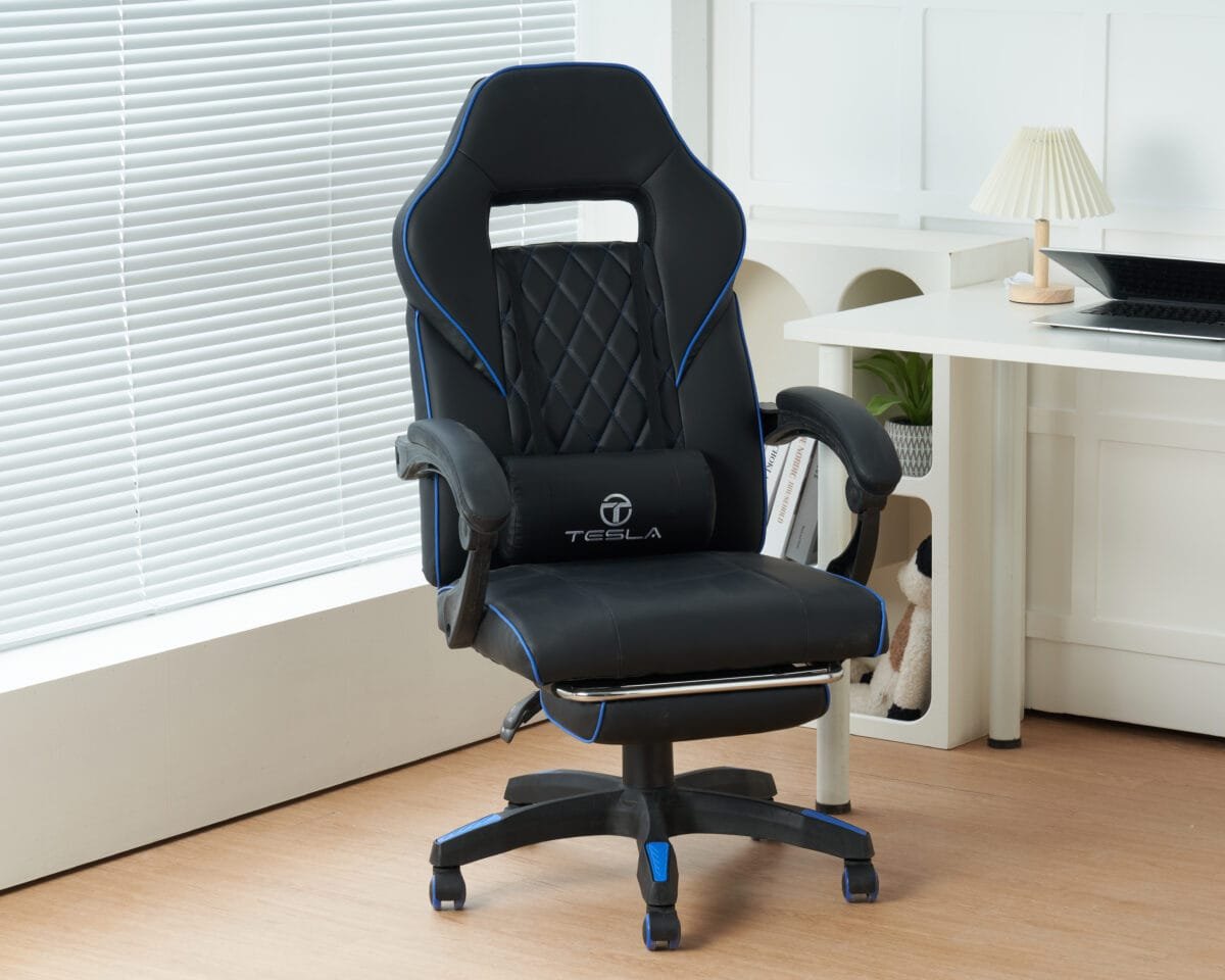 ⁦כיסא גיימינג כולל כרית עיסוי חשמלית והדום נפתח לרגליים Tesla דגם 7006 צבע שחור שילוב כחול⁩ – תמונה ⁦5⁩