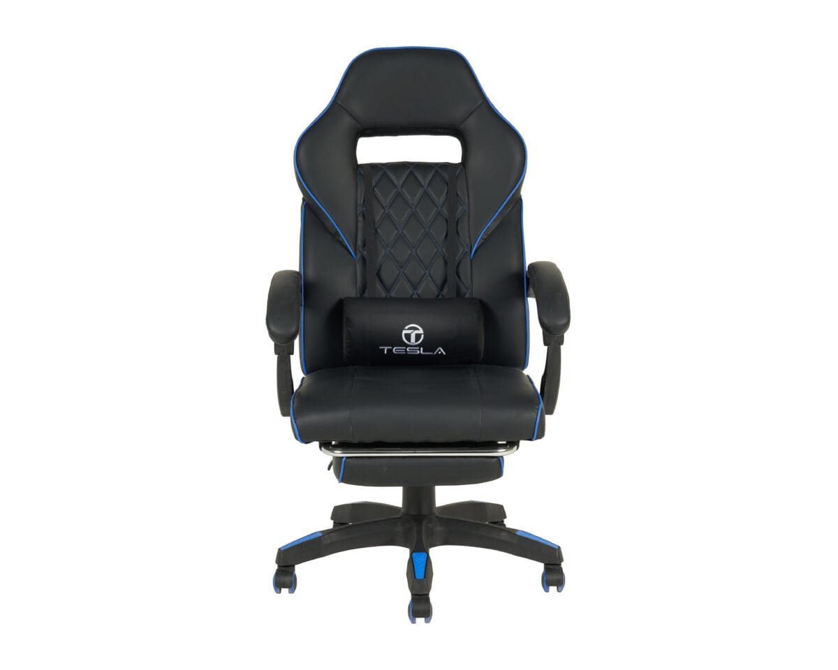 ⁦כיסא גיימינג כולל כרית עיסוי חשמלית והדום נפתח לרגליים Tesla דגם 7006 צבע שחור שילוב כחול⁩ – תמונה ⁦4⁩
