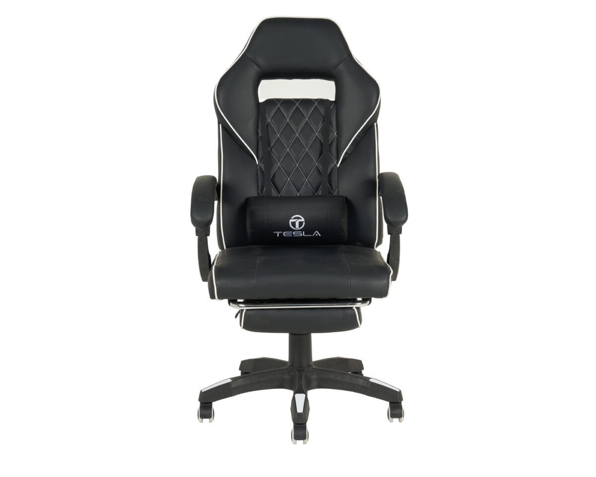 ⁦כיסא גיימינג כולל כרית עיסוי חשמלית והדום נפתח לרגליים Tesla דגם 7006 צבע שחור שילוב לבן⁩ – תמונה ⁦5⁩