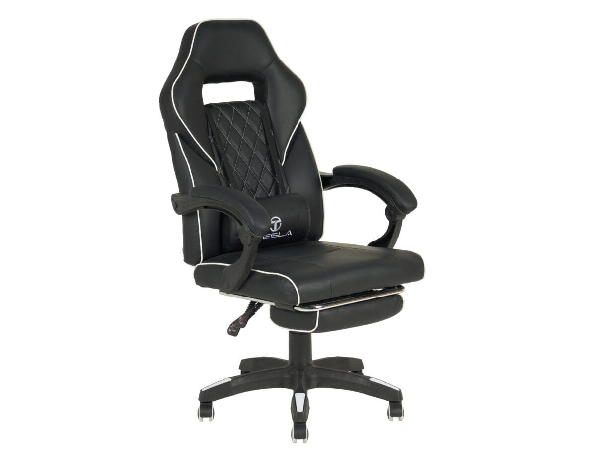 ⁦כיסא גיימינג כולל כרית עיסוי חשמלית והדום נפתח לרגליים Tesla דגם 7006 צבע שחור שילוב לבן⁩ – תמונה ⁦4⁩