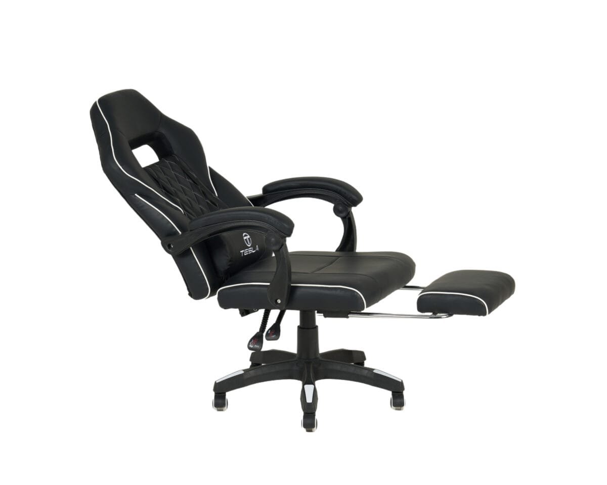 ⁦כיסא גיימינג כולל כרית עיסוי חשמלית והדום נפתח לרגליים Tesla דגם 7006 צבע שחור שילוב לבן⁩ – תמונה ⁦2⁩