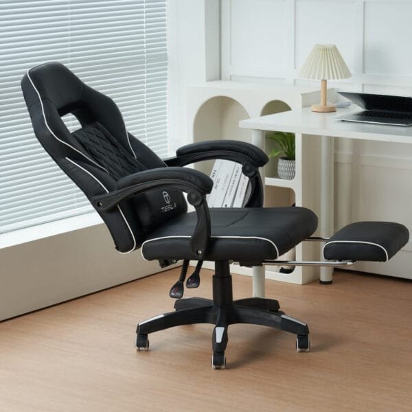 כיסא גיימינג כולל כרית עיסוי חשמלית והדום נפתח לרגליים Tesla דגם 7006 צבע שחור שילוב לבן