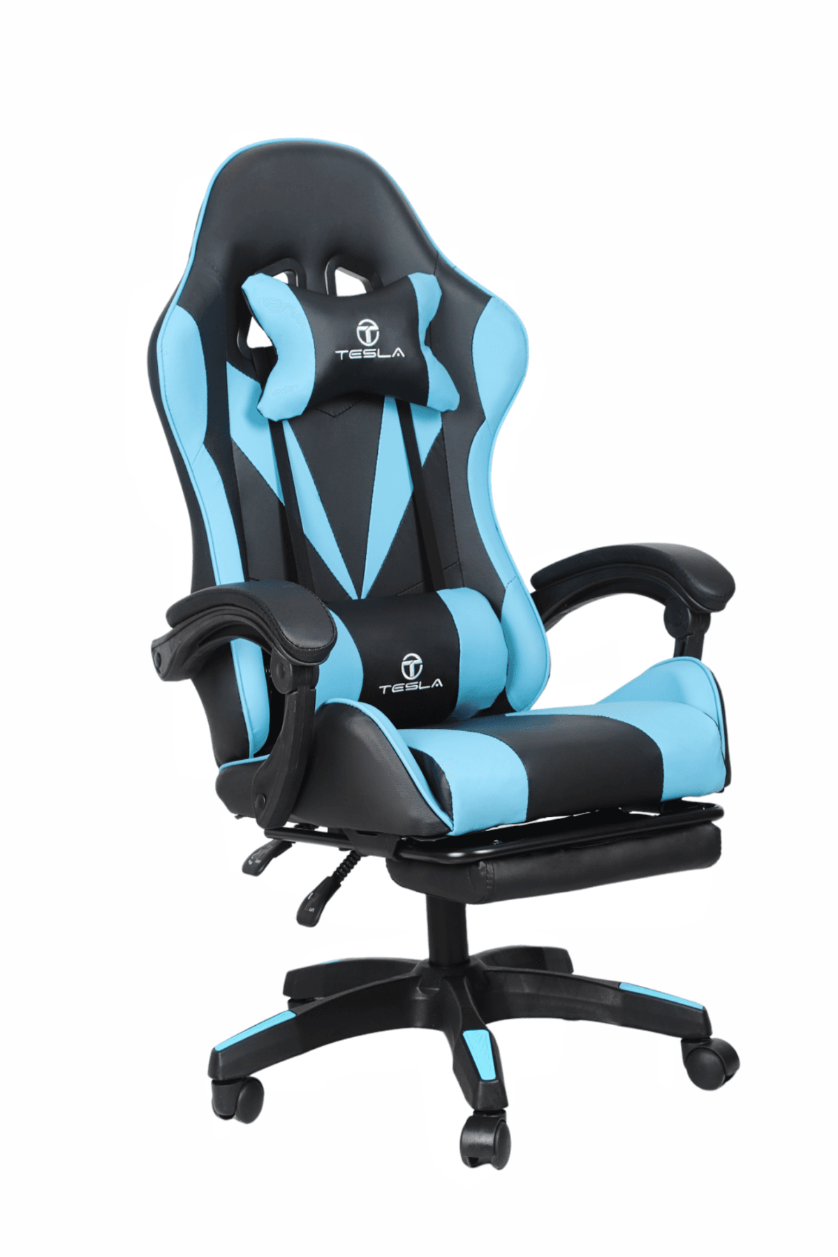 ⁦כיסא גיימינג כולל כרית עיסוי חשמלית והדום נפתח לרגליים Tesla דגם 7001 בצבע כחול⁩ – תמונה ⁦3⁩