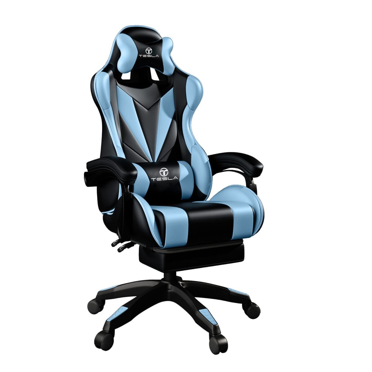 ⁦כיסא גיימינג כולל כרית עיסוי חשמלית והדום נפתח לרגליים Tesla דגם 7001 בצבע כחול⁩ – תמונה ⁦4⁩