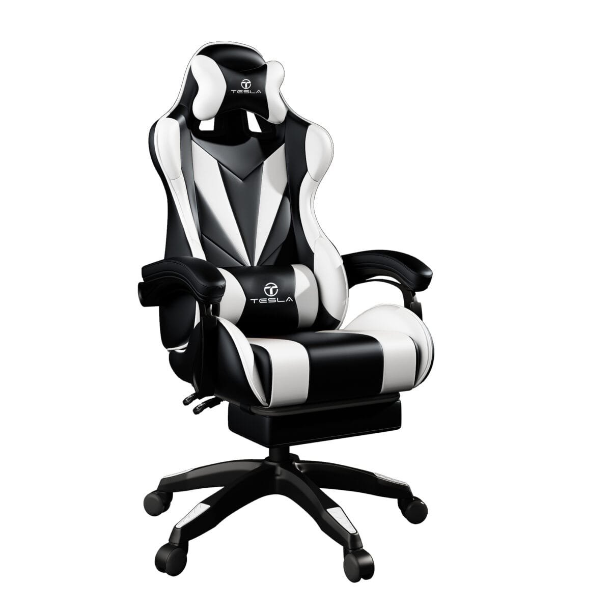 ⁦כיסא גיימינג כולל כרית עיסוי חשמלית והדום נפתח לרגליים Tesla דגם 7001 בצבע לבן⁩ – תמונה ⁦3⁩