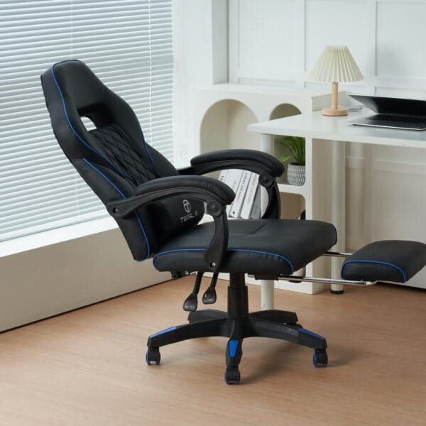 כיסא גיימינג כולל כרית עיסוי חשמלית והדום נפתח לרגליים Tesla דגם 7006 צבע שחור שילוב כחול