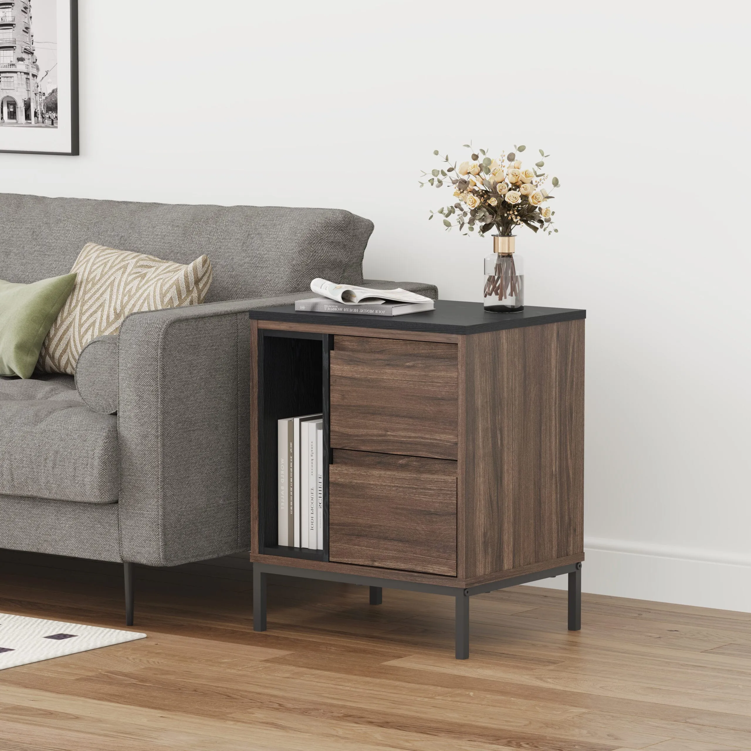 29 שידת לילה יוקרתית לצד המיטה בצבע אגוז בשילוב שחור דגם 3077 – תמונה 1