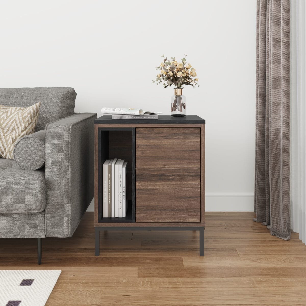 ⁦שידת לילה יוקרתית לצד המיטה בצבע אגוז בשילוב שחור דגם 3077⁩ – תמונה ⁦2⁩