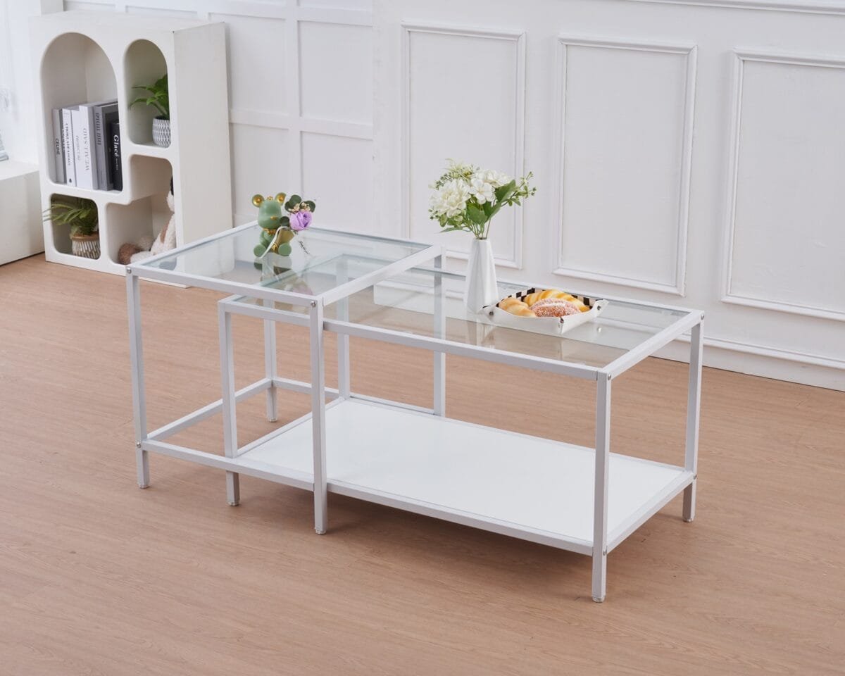 ⁦זוג שולחנות קפה לסלון עשויים מתכת בצבע לבן בשילוב זכוכית דגם 5006⁩ – תמונה ⁦5⁩