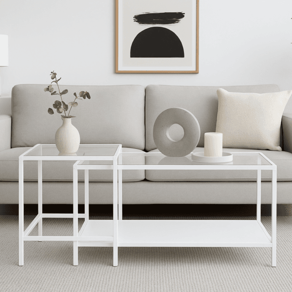 זוג שולחנות קפה לסלון עשויים מתכת בצבע לבן בשילוב זכוכית דגם 5006