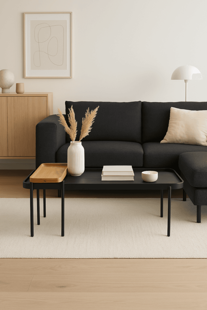 זוג שולחנות קפה יוקרתיים דגם 5010 בצבע שחור ואלון. עיצוב מודרני, משטח MDF, רגלי מתכת והרכבה קלה. שני שולחנות בגדלים שונים – מושלם לסלון.