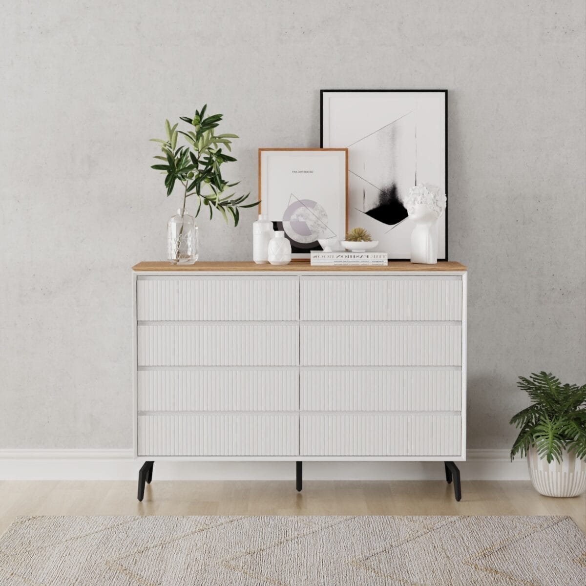 ⁦שידת אחסון 8 מגירות דגם 5052 בצבע לבן בשילוב עץ אלון⁩ – תמונה ⁦4⁩