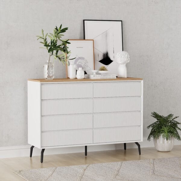 שידת אחסון 8 מגירות דגם 5052 בצבע לבן בשילוב עץ אלון