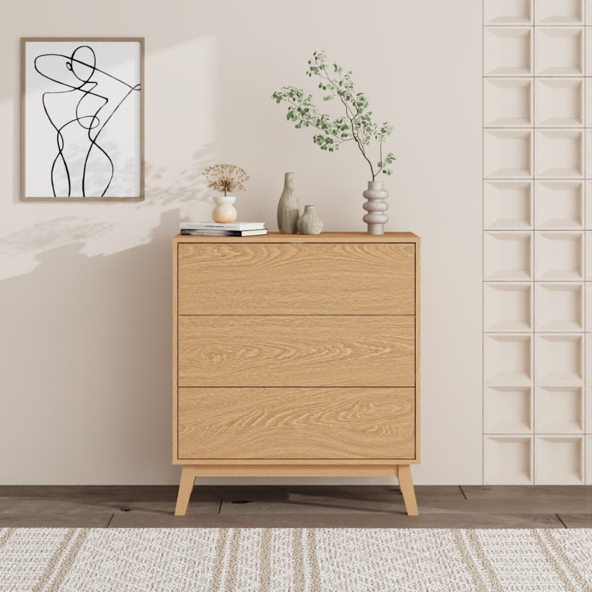 שידת אחסון 3 מגירות דגם 5044 בצבע עץ אלון מבית Step Up – עיצוב טבעי וחמים, מנגנון Push to Open, יציבות גבוהה ואחסון פרקטי לכל חלל בבית או במשרד.
