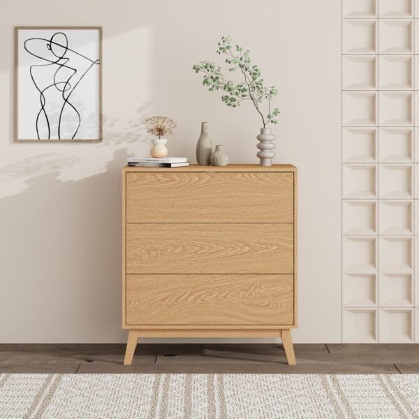 שידת אחסון 3 מגירות דגם 5044 בצבע עץ אלון מבית Step Up – עיצוב טבעי וחמים, מנגנון Push to Open, יציבות גבוהה ואחסון פרקטי לכל חלל בבית או במשרד.