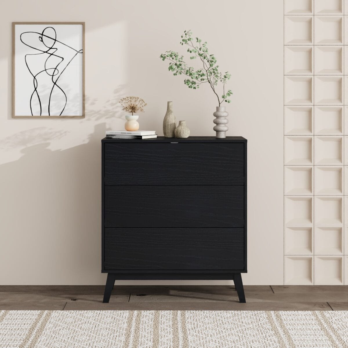 שידת אחסון 3 מגירות דגם 5044 בצבע עץ שחור מבית Step Up – עיצוב מודרני, מנגנון Push to Open ועמידות גבוהה. פתרון אלגנטי לבית ולמשרד.