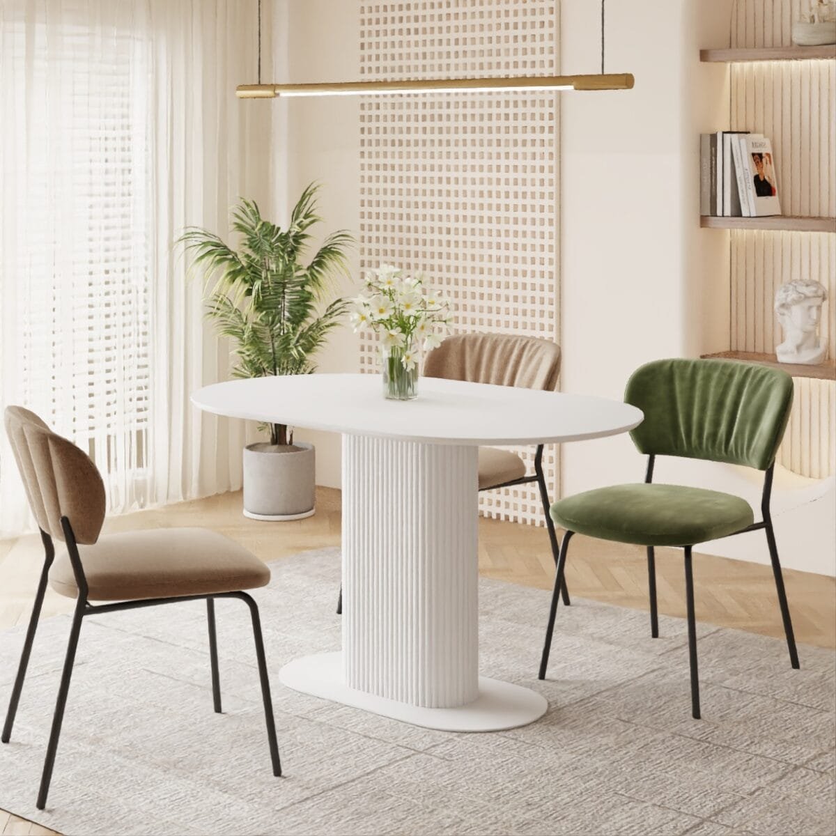 שולחן אוכל אובלי דגם 811 בצבע לבן – פלטת MDF חלקה בציפוי מלמין, בסיס רגל עץ יציב, עיצוב מודרני ונקי. מתאים ל־4–6 סועדים.