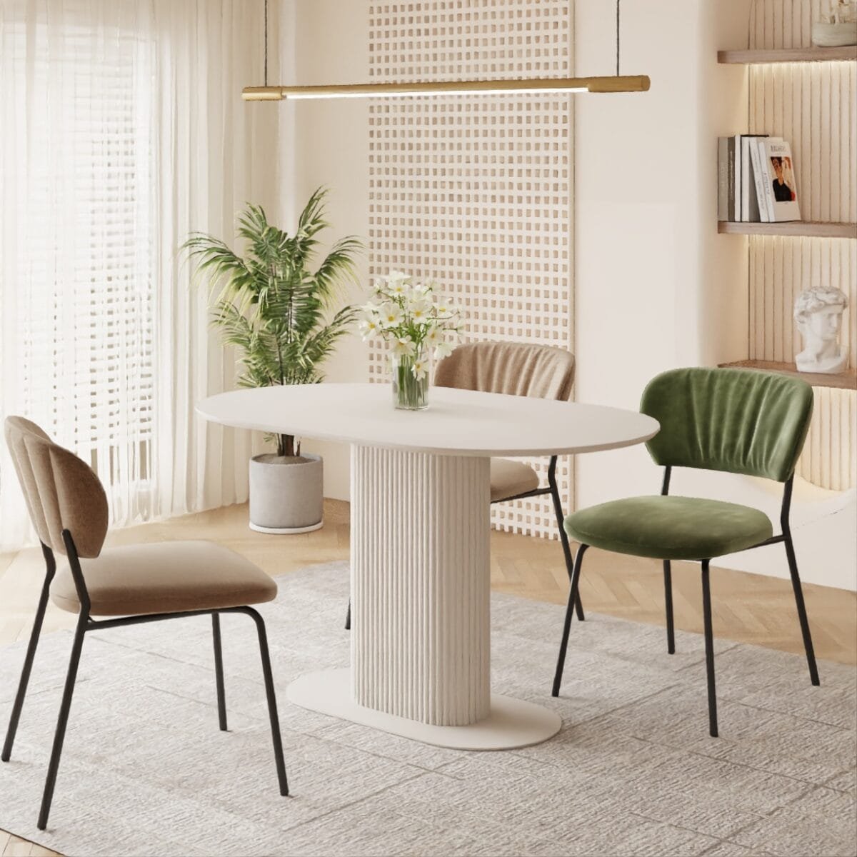 שולחן אוכל אובלי דגם 811 בצבע סהרה – פלטת MDF בציפוי מלמין בגוון חולי־חם, בסיס רגל עץ יציב, עיצוב מודרני ונקי. מתאים ל־4–6 סועדים.