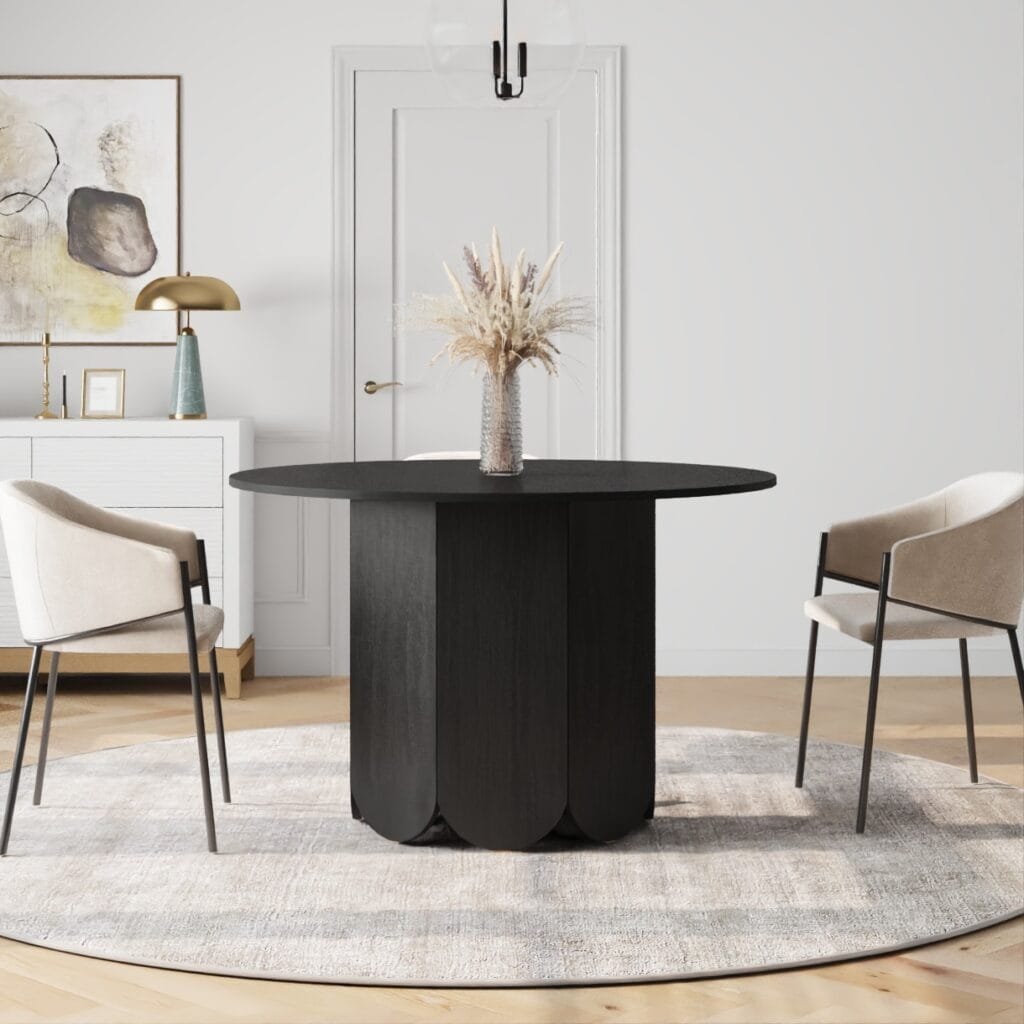שולחן אוכל עגול דגם 809 בקוטר 120 ס״מ בגימור עץ שחור – פלטת MDF חזקה, רגלי מתכת בגימור עץ, יציב, מעוצב ועמיד לשימוש יומיומי ולאירוח.