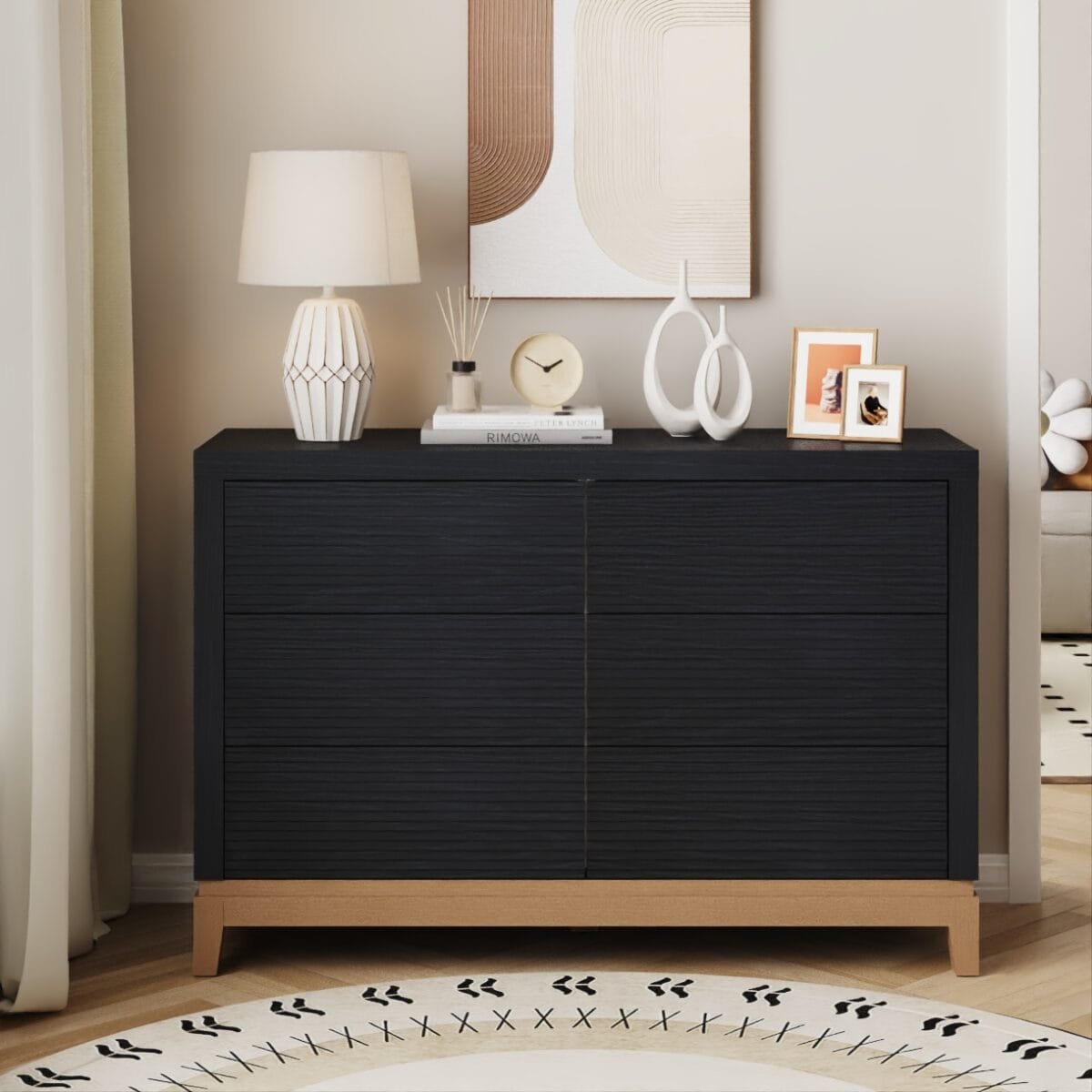 ⁦שידת אחסון 6 מגירות דגם 5047 בצבע שחור שילוב רגלים בצבץ עץ אלון⁩ – תמונה ⁦3⁩