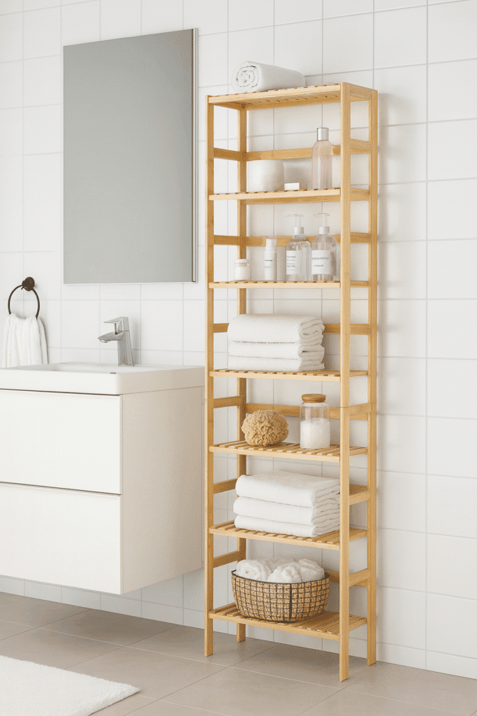 כוננית במבוק 6 מדפים דגם 904 – עיצוב חמים, יציב ועמיד. מתאימה לאחסון ספרים, פריטי נוי, מגבות ועוד. פתרון רב־תכליתי לכל חלל בבית.