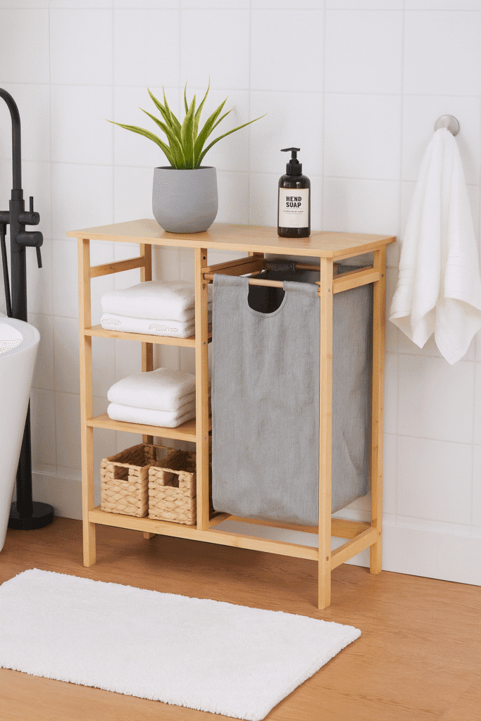 כוננית במבוק רב־תכליתית עם 4 מדפים פתוחים וסל כביסה מובנה. עיצוב אלגנטי, עמידות גבוהה ללחות, מתאים במיוחד לחדרי רחצה ולשמירה על סדר ואסתטיקה.