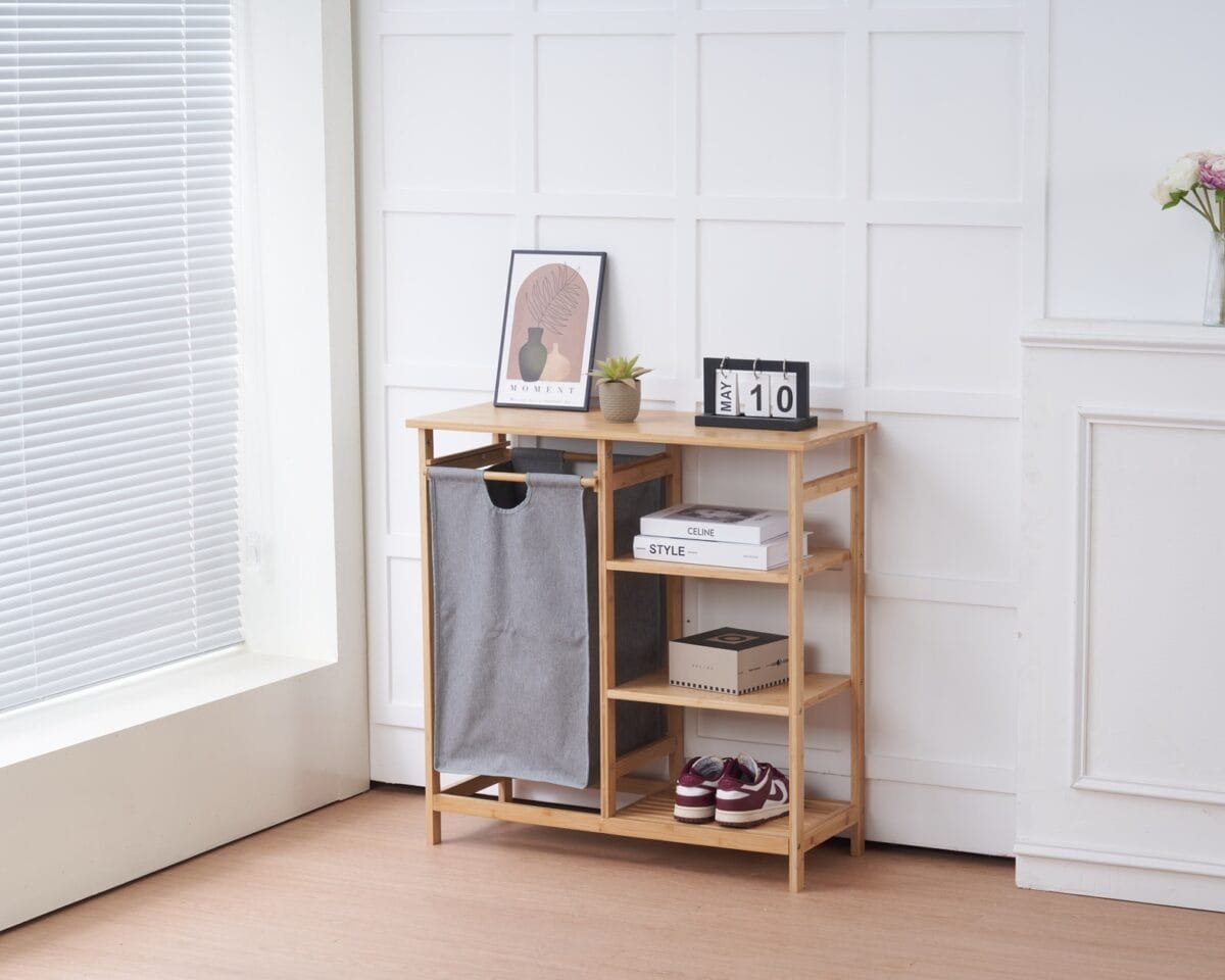 ⁦כוננית במבוק 3 מדפים עם סל כביסה  לחדר רחצה דגם 907⁩ – תמונה ⁦4⁩