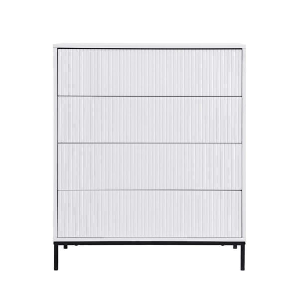 שידת אחסון 4 מגירות דגם 5049 בצבע לבן מבית Step Up – קומודה מודרנית בעיצוב אלגנטי, מנגנון Push to Open, רגלי מתכת עמידות ופתרון אחסון פרקטי לבית ולמשרד