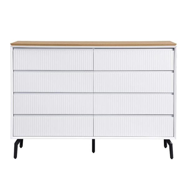 שידת אחסון 8 מגירות דגם 5052 בצבע לבן בשילוב עץ אלון מבית Step Up – קומודה מודרנית עם מנגנון עמיד, מגירות מרווחות ורגלי מתכת חזקות. פתרון אלגנטי לבית ולמשרד.