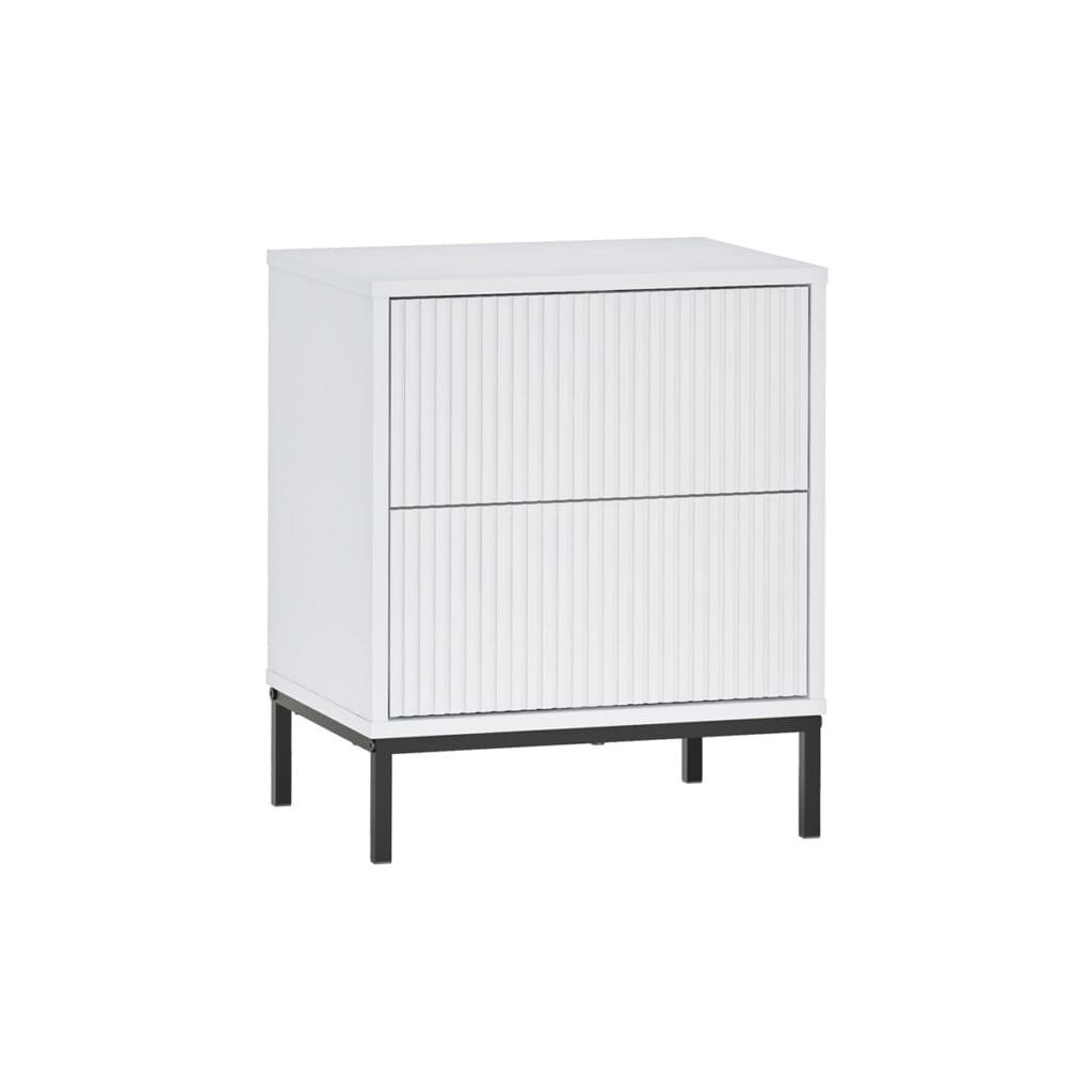 שידת לילה לבנה דגם 3074 מבית Step Up – עשויה MDF איכותי, שתי מגירות בלחיצה ורגלי מתכת יציבות. שילוב של עיצוב מודרני, נוחות ועמידות לחדר השינה.