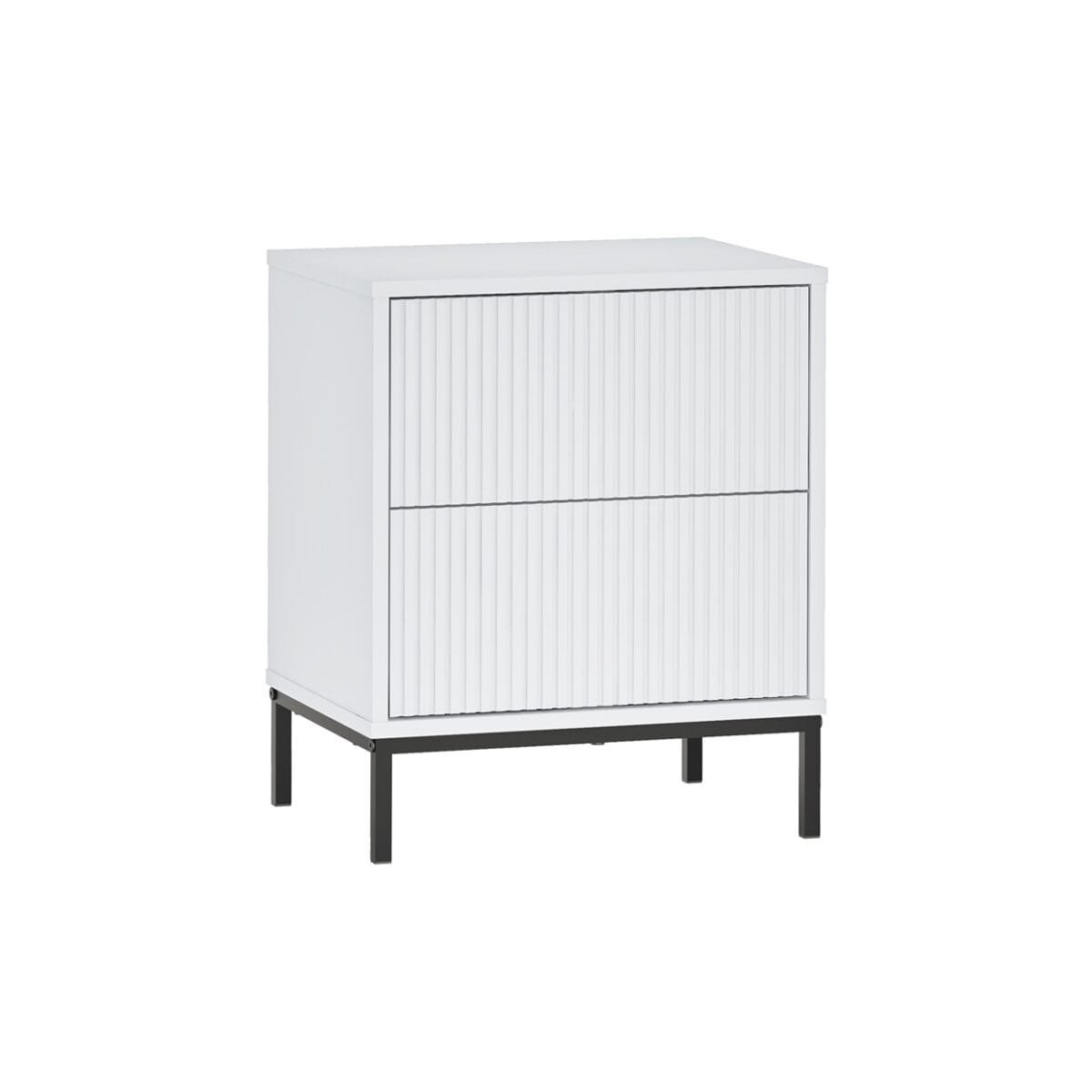 שידת לילה לבנה דגם 3074 מבית Step Up – עשויה MDF איכותי, שתי מגירות בלחיצה ורגלי מתכת יציבות. שילוב של עיצוב מודרני, נוחות ועמידות לחדר השינה.