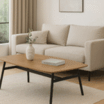 שולחן קפה מלבני לסלון בצבע עץ אלון טבעי. עיצוב מודרני, רגלי מתכת יציבות, משטח MDF עמיד בציפוי מלמין. קל להרכבה ולתחזוקה – דגם 5014 Step Up.