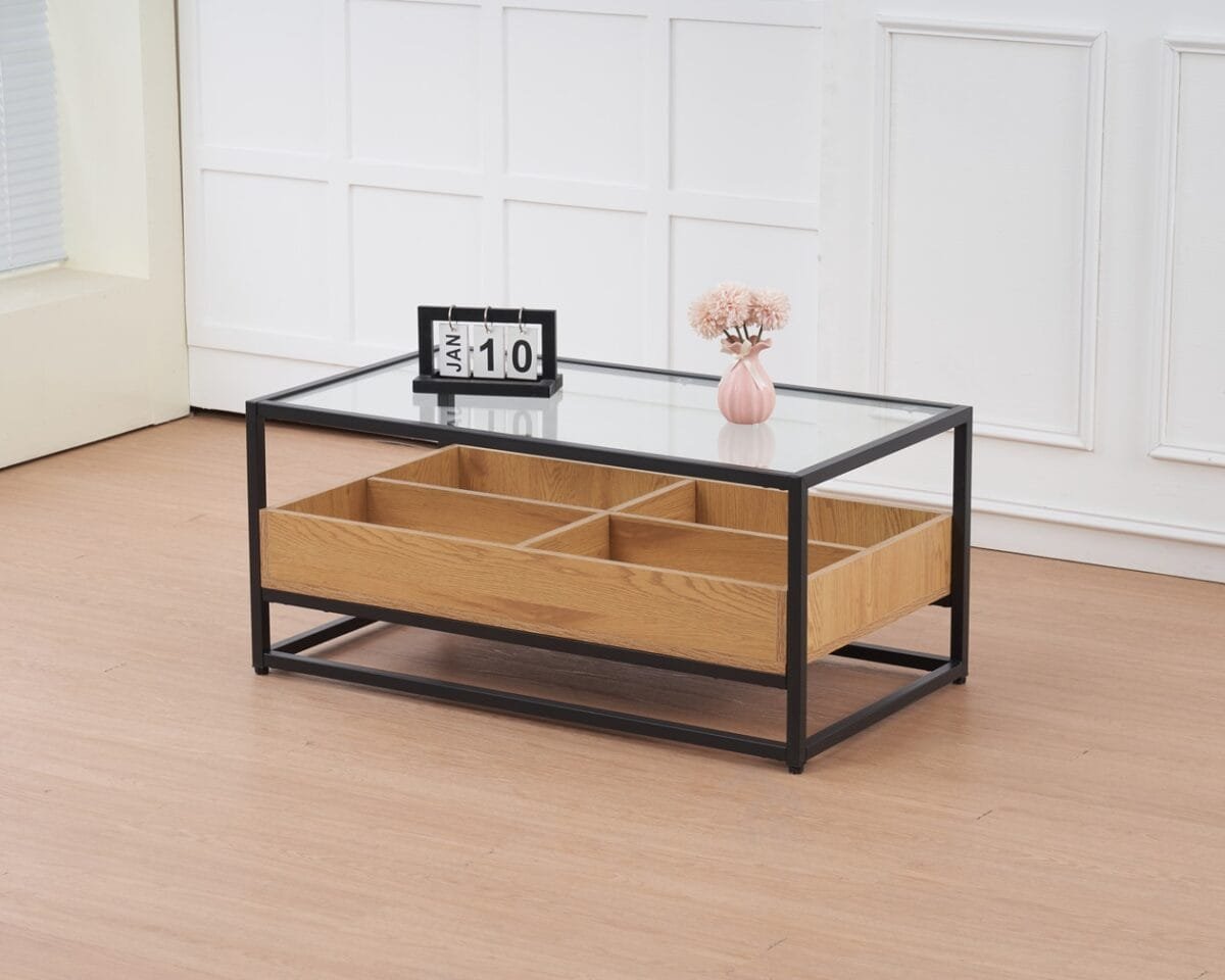 ⁦שולחן קפה מלבני לסלון בשילוב זכוכית דגם 5018 בצבע עץ אלון⁩ – תמונה ⁦5⁩