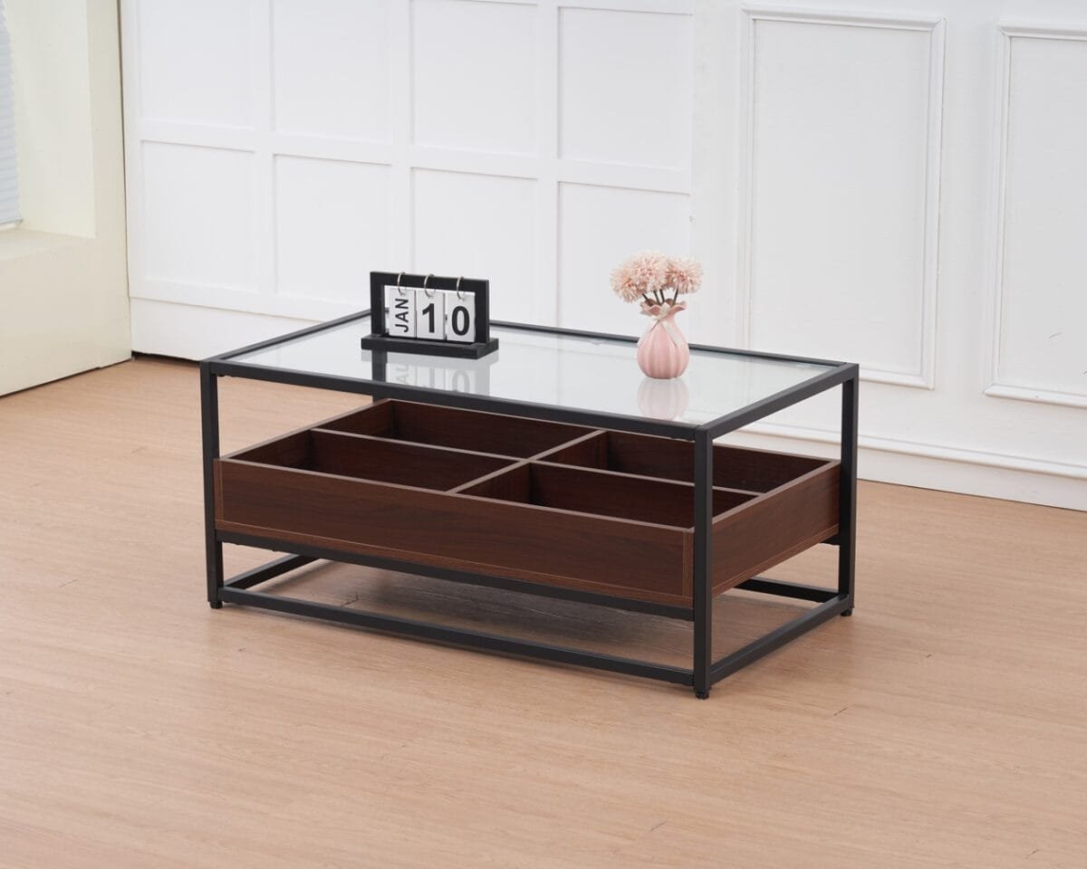 ⁦שולחן קפה מלבני לסלון בשילוב זכוכית דגם 5018 בצבע עץ אגוז⁩ – תמונה ⁦4⁩