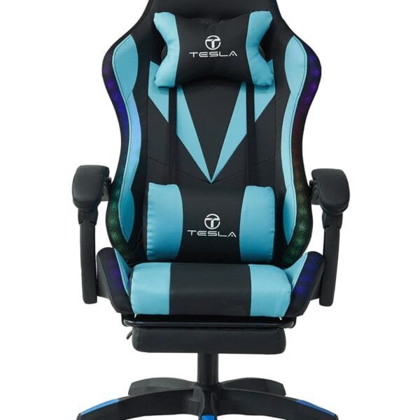 כיסא גיימינג כולל תאורת LED כרית עיסוי  והדום נפתח Tesla דגם 7031 כחול