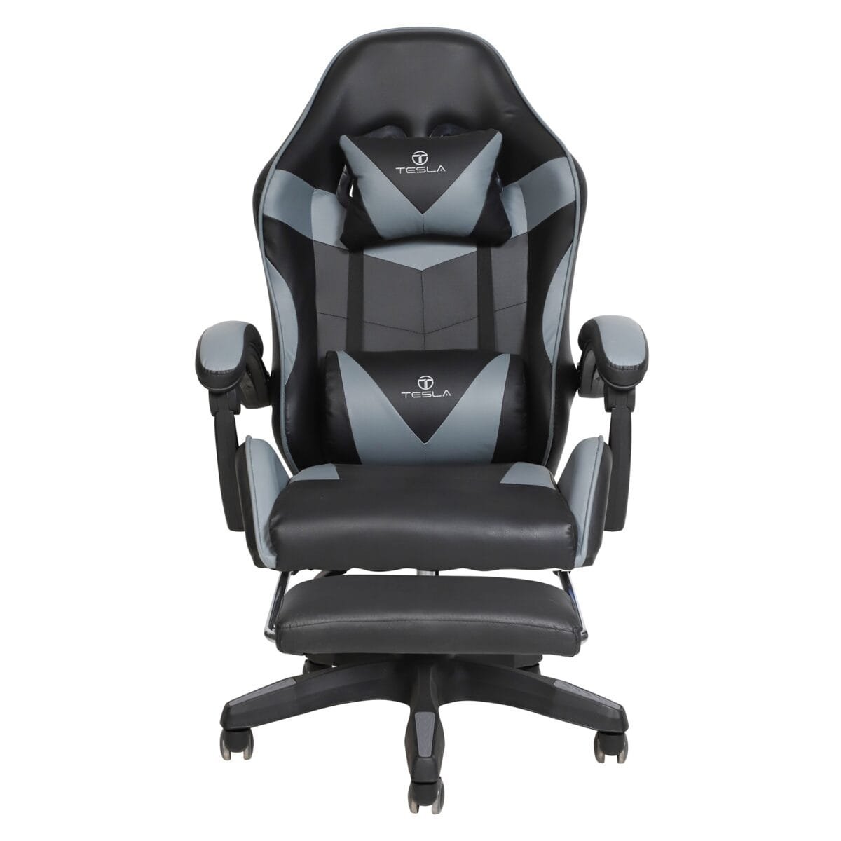 ⁦כיסא גיימינג כולל כרית עיסוי חשמלית והדום נפתח לרגליים Tesla דגם 7038 בצבע אפור⁩ – תמונה ⁦3⁩