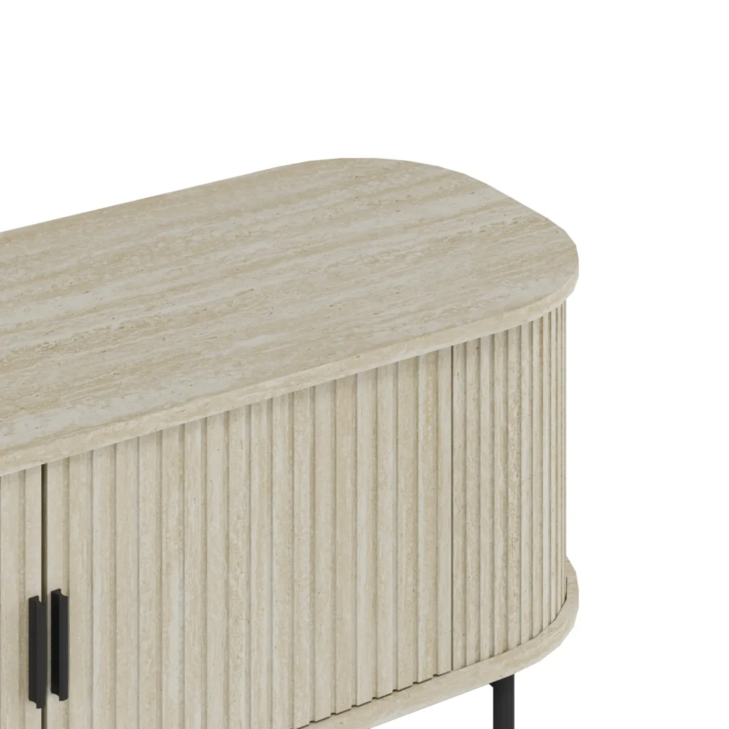 מזנון טלוויזיה מעוצב דגם 4078 מבית Step Up, באורך 120 ס"מ ובגוון טרוונטין מודרני. המזנון כולל טקסטורת אבן טבעית ייחודית, רגליים מעוצבות ותאי אחסון, מוצב בחלל סלון מעוצב ונקי.