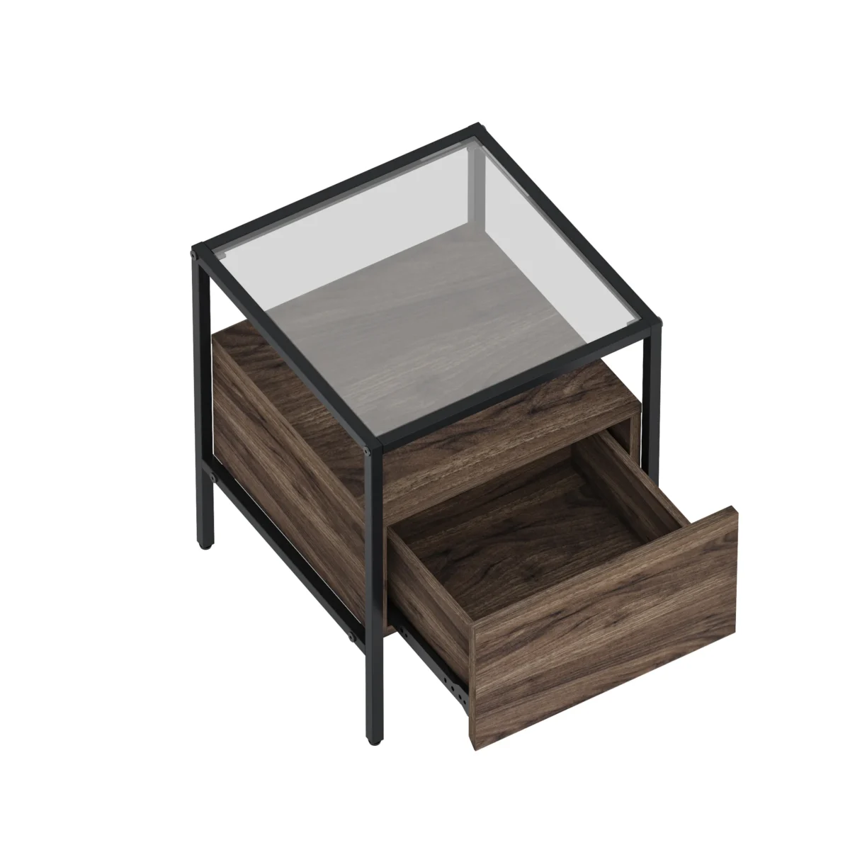 שידת לילה דגם 3284 בגוון אגוז עמוק, משטח זכוכית עליון ומגירה אחת. רגלי במה ממתכת שחורה בחדר שינה מעוצב בגוונים חמים.