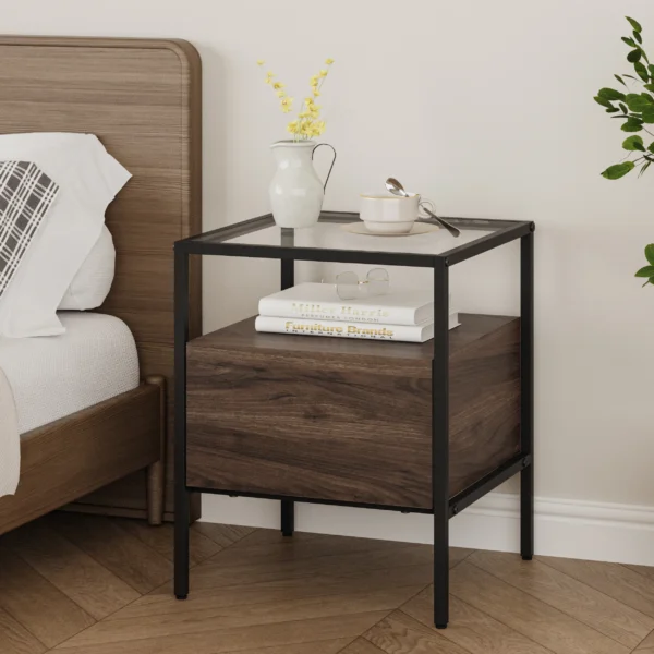 שידת לילה מעוצבת לצד המיטה בצבע אגוז בשילוב זכוכית דגם 3284