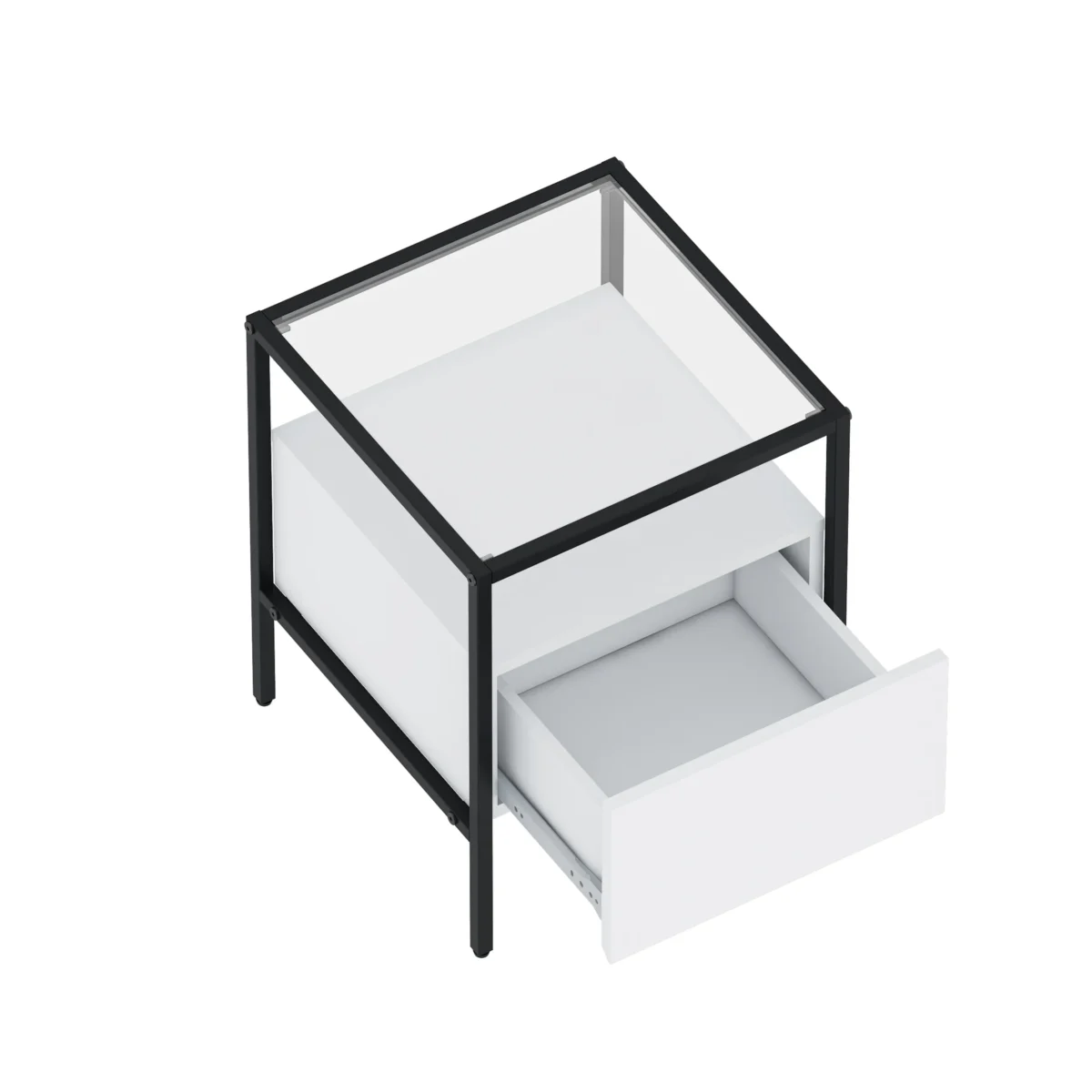 שידת לילה מודרנית דגם 3284, גימור לבן עם ציפוי PVC דמוי עץ ומשטח זכוכית עליון, מציגה מגירה אחת ורגלי במה יציבות ממתכת.