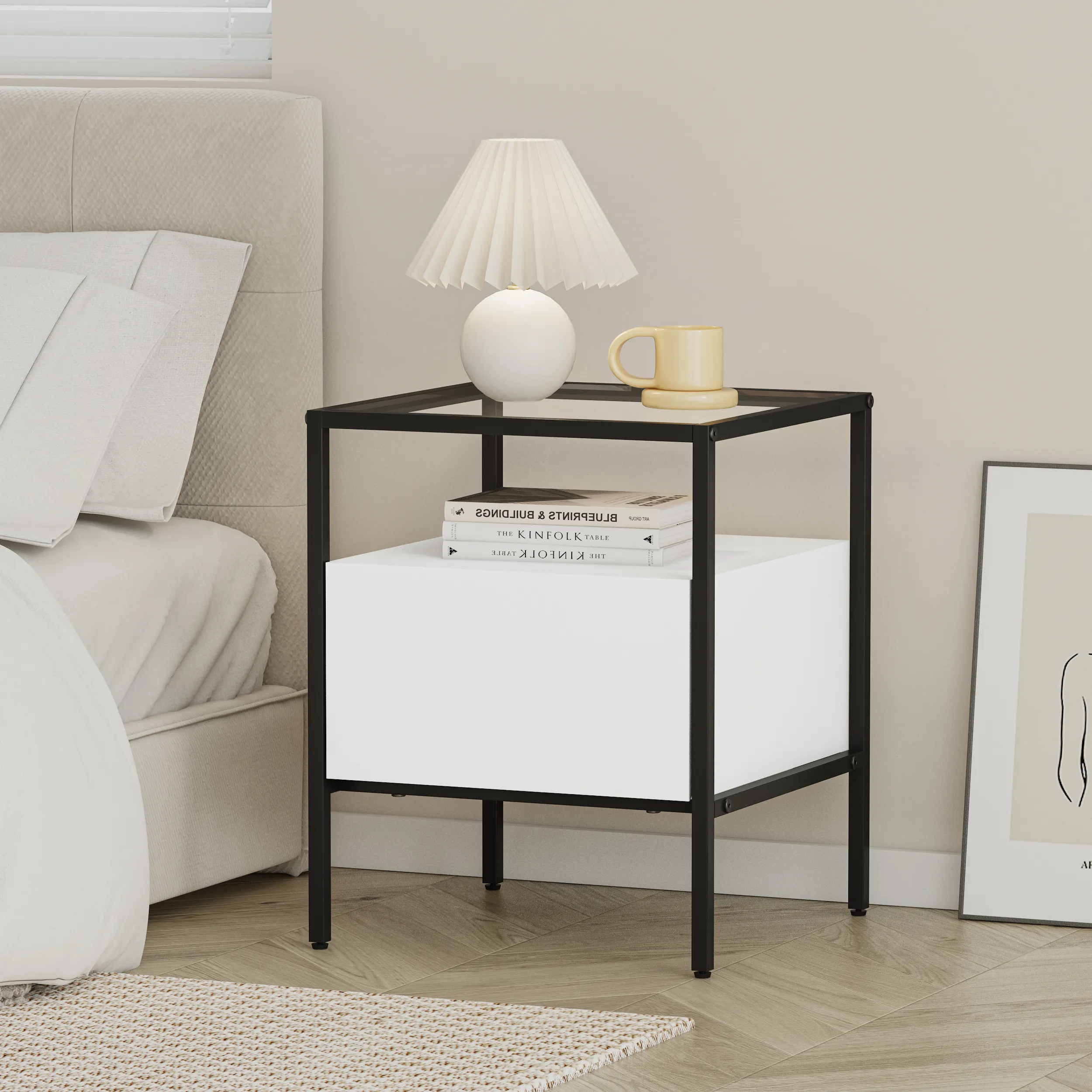 שידת לילה מעוצבת לצד המיטה בצבע לבן בשילוב זכוכית דגם 3284 (9) שידת לילה מעוצבת לצד המיטה בצבע לבן בשילוב זכוכית דגם 3284 – תמונה 1