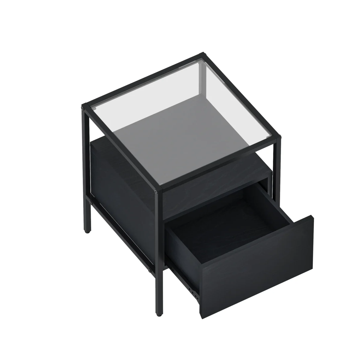 שידת לילה מעוצבת בצבע שחור עם משטח זכוכית עליון ורגלי מתכת דגם 3284. השידה כוללת מגירה אחת ומוצבת לצד מיטה בעיצוב מודרני מינימליסטי של מותג סטפ אפ.