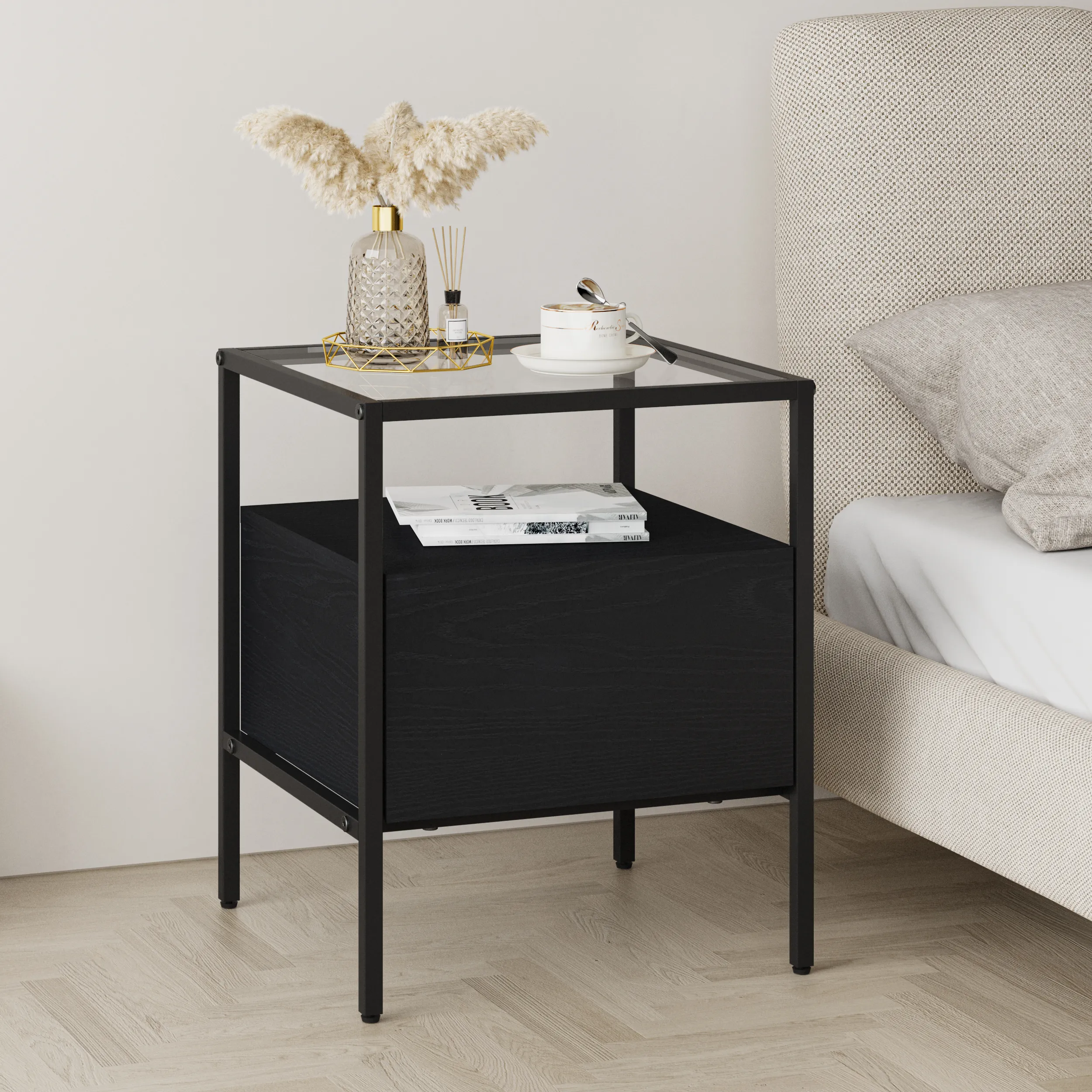 שידת לילה מעוצבת לצד המיטה בצבע שחור בשילוב זכוכית דגם 3284 (9) שידת לילה מעוצבת לצד המיטה בצבע שחור בשילוב זכוכית דגם 3284 – תמונה 1